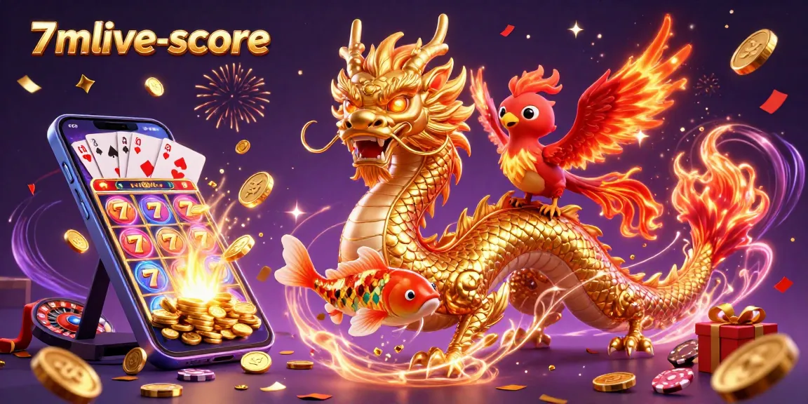 Experience the thrill of 7mlive-score with dynamic casino elements featuring a golden dragon and a red phoenix.