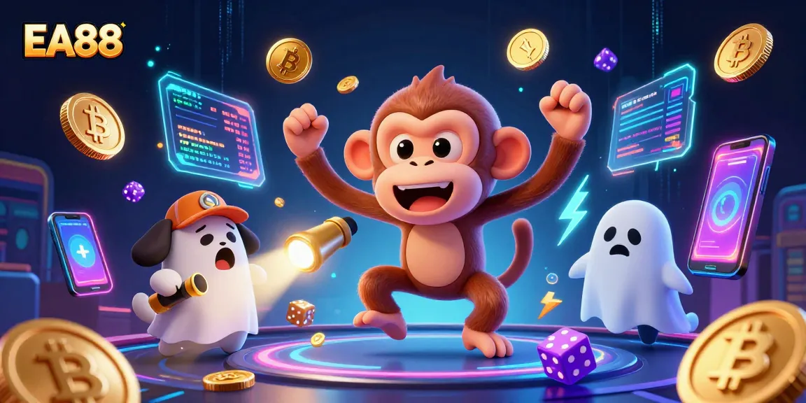 EA88 players track a mischievous poltergeist monkey juggling coins in a haunted casino scene.