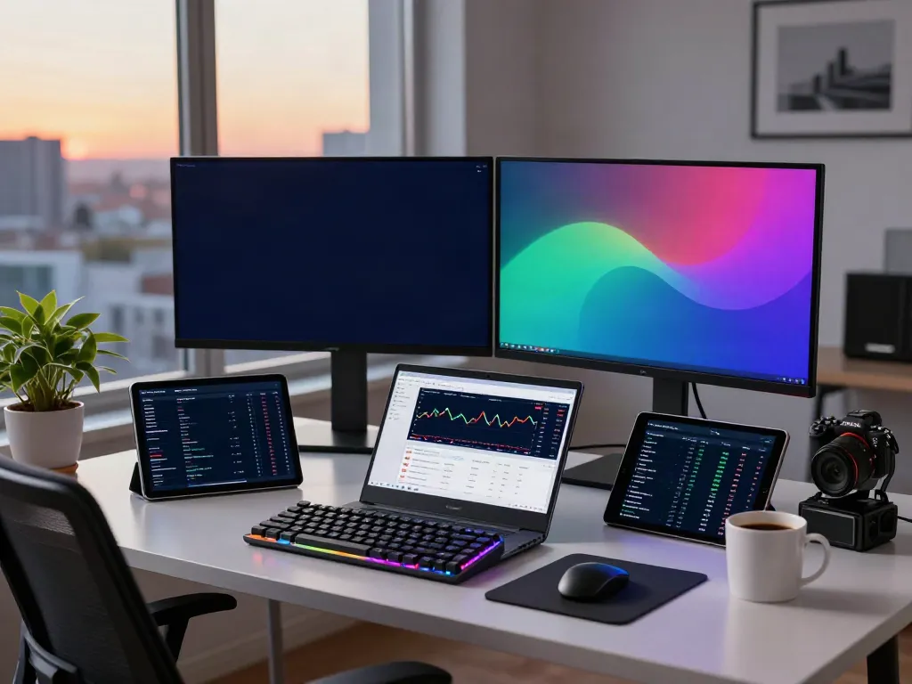 金融数据API平台 view featuring a high-tech cryptocurrency trading setup with live market data.
