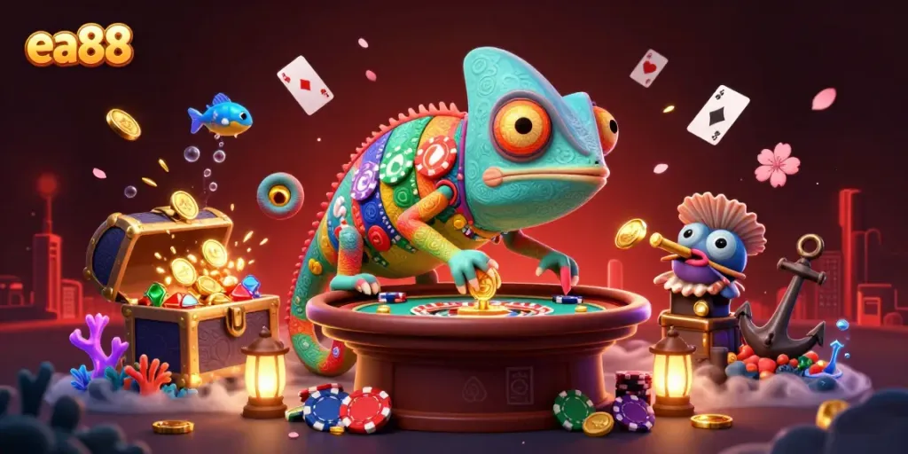 Chơi và thắng lớn tại ea88 với chameleon chủ casino và kho báu đầy vàng.