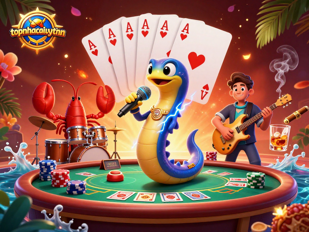 topnhacaiuytinn showcases an underwater casino with a live DJ performance by an electric eel surrounded by poker elements.