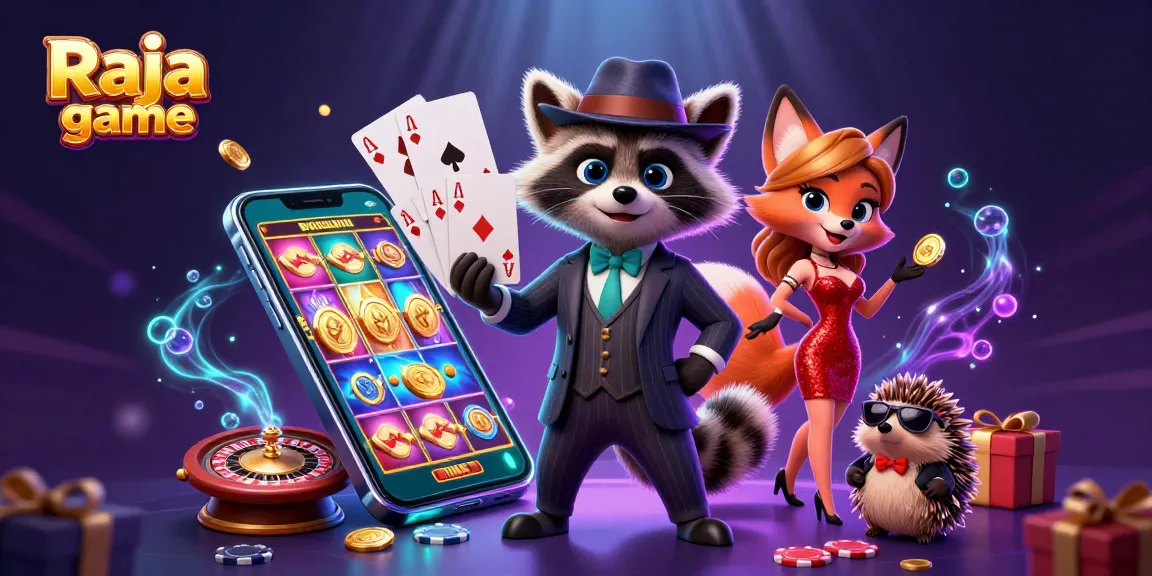 Engage with Raja game in a vibrant 3D casino scene featuring raccoon and fox characters amidst slot games and shiny rewards.