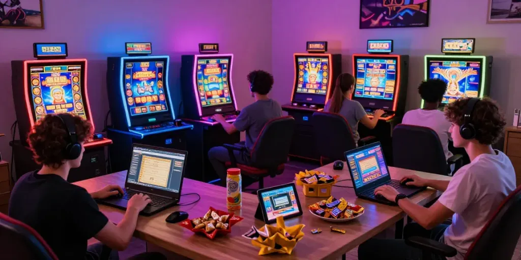 Group playing slot online in a cozy gaming room with colorful lights.