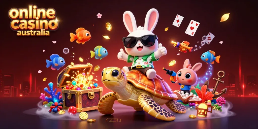 Engaging illustration of an adorable rabbit and a golden turtle, showcasing the excitement of online casino Australia.