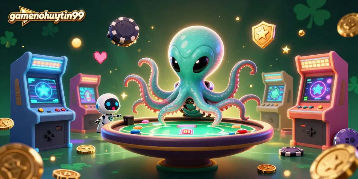 Join the excitement at gamenohuuytin99 with a vibrant 3D illustration of an alien octopus and its robot friend!