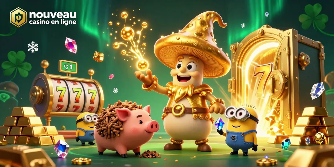 Illustration d'un nouveau casino en ligne présentant un magicien champignon doré et un cochon truffier entourés de trésors.