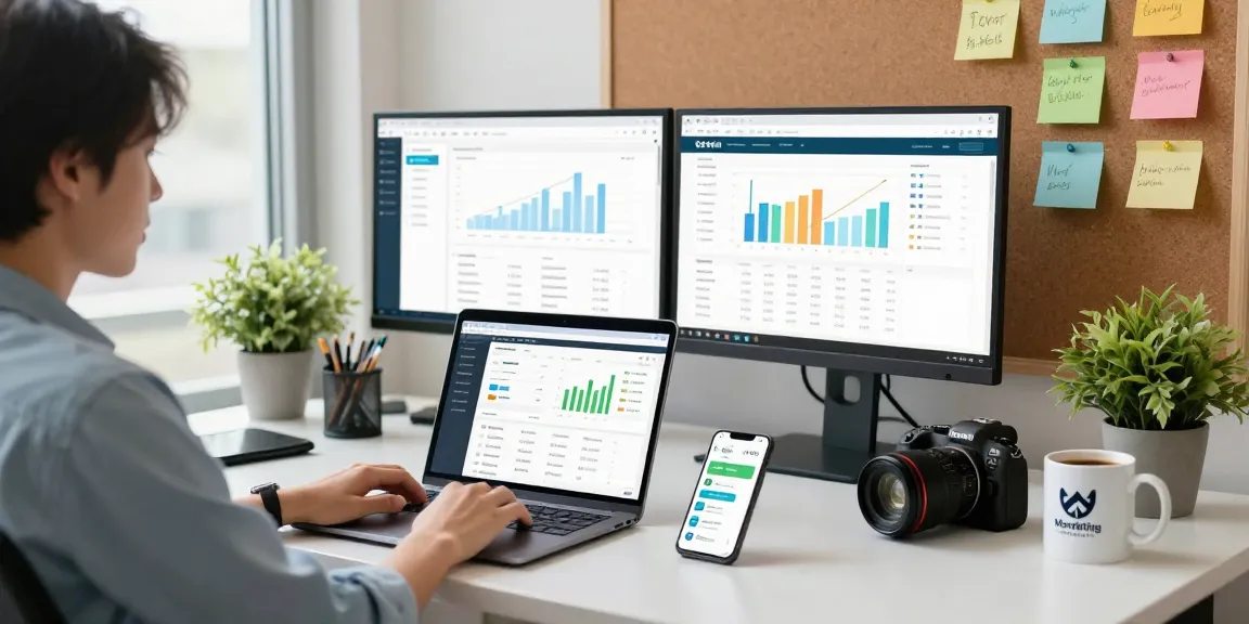 Digital marketing workspace with analytics from https://www.bdtjl.app/ showing productivity and creativity.