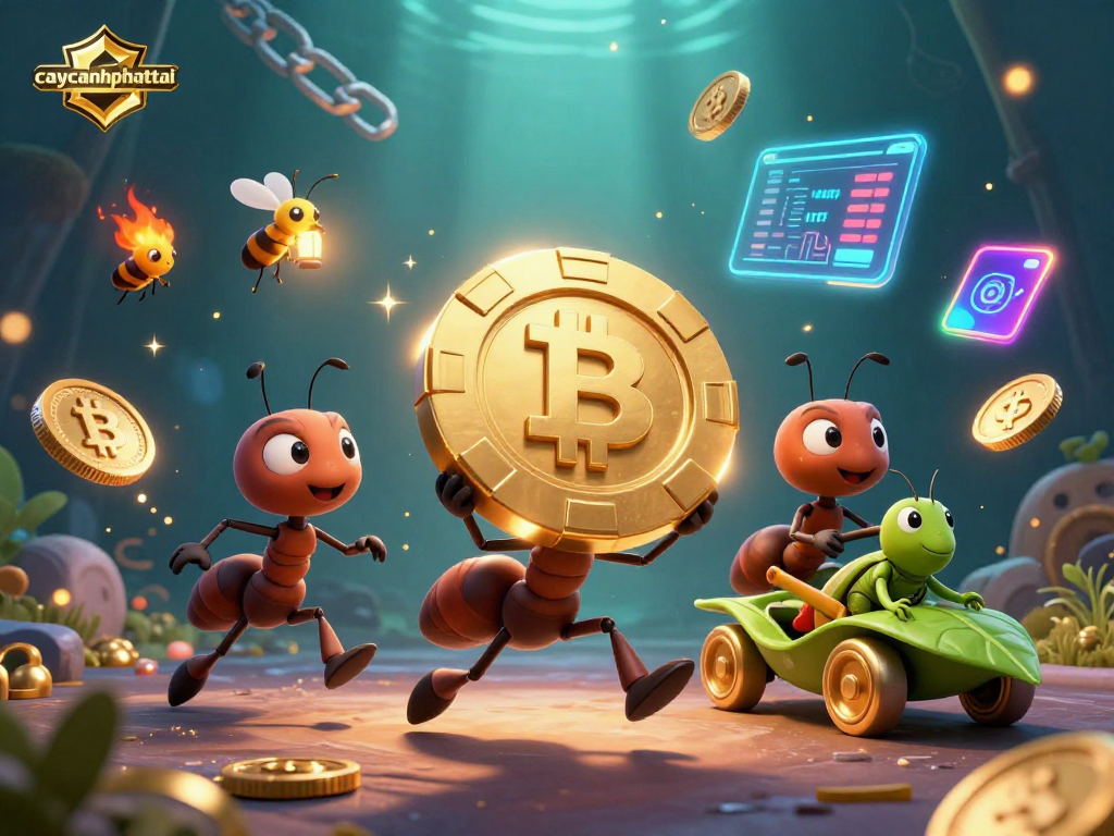 Caycanhphattai: ants executing a thrilling heist with golden poker chips amidst vibrant digital crypto graphics