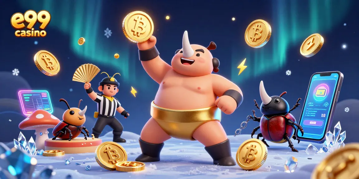 Experience thrilling gameplay at e99 casino with a dynamic 3D illustration featuring crypto elements.