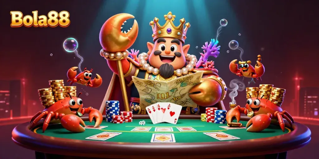 Bola88 showcases a royal crab emperor amidst poker elements in a vibrant casino setting.