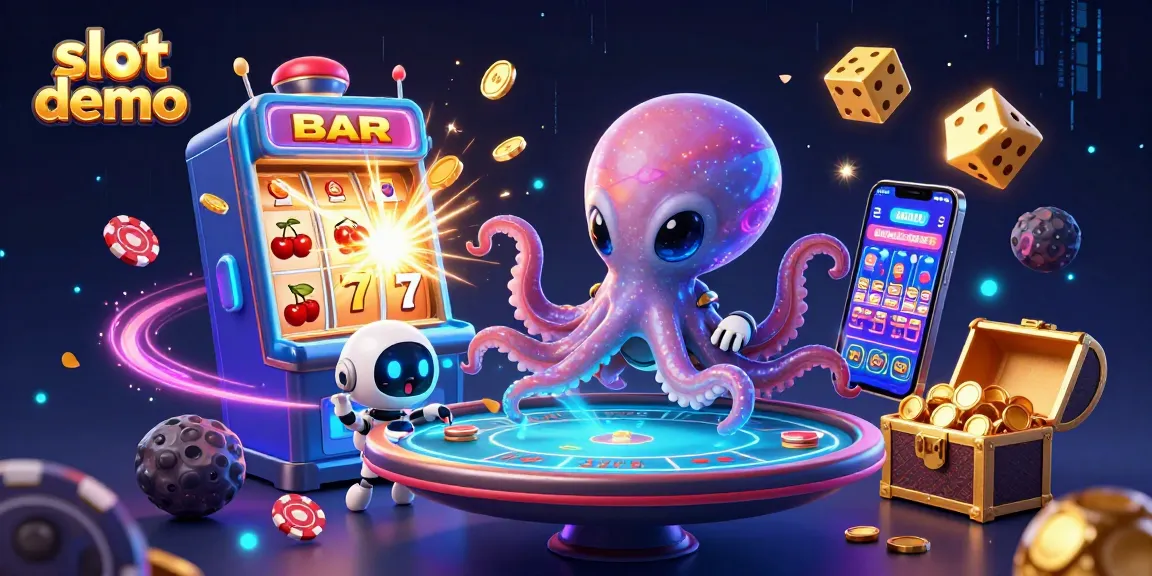 Engage in an exciting slot demo with an alien octopus at a holographic poker table amidst vibrant casino elements.