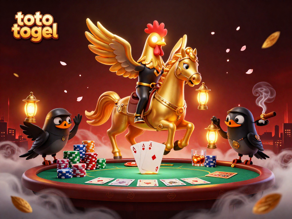 Engage in thrilling toto togel games with vibrant casino elements featuring golden rooster and lanterns.