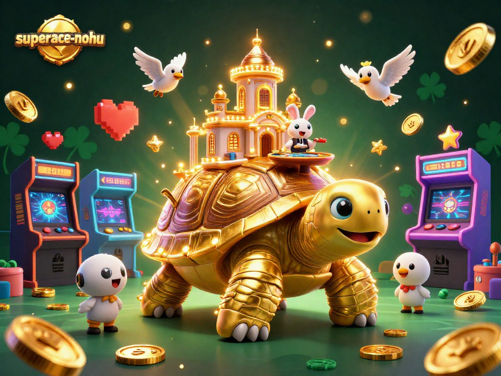 Experience the excitement of superace-nohu with a vibrant casino scene featuring a golden tortoise, rabbit dealer, and animated game elements.