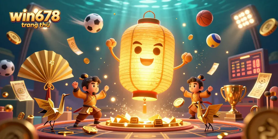 Experience the thrill of win678 trang chủ as it showcases a dynamic casino scene with interactive golden characters and flying sports elements.