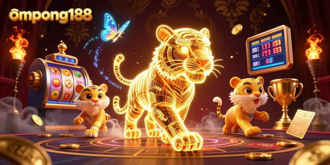 ompong188 menyuguhkan permainan judi dengan slot yang berkilau dan harimau emas bersinar.