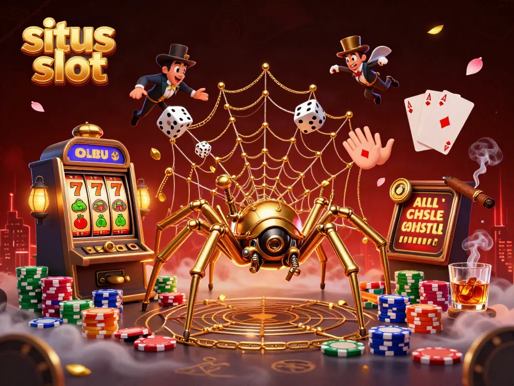 Engage with situs slot featuring a steampunk spider weaving a golden web adorned with vibrant slot game elements.