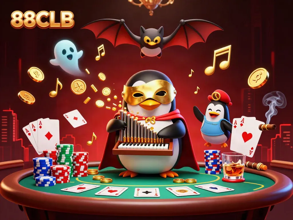 Experience the excitement of 88CLB with a dynamic casino scene featuring a penguin organist and poker elements.