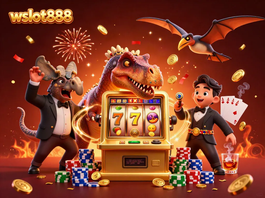 Gambaran wslot888 dengan dinosaurus dan mesin slot mengeluarkan koin jackpot yang memukau.