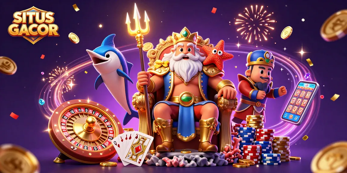 Win big with SITUS GACOR as Neptune and his guards celebrate in a vibrant casino scene.