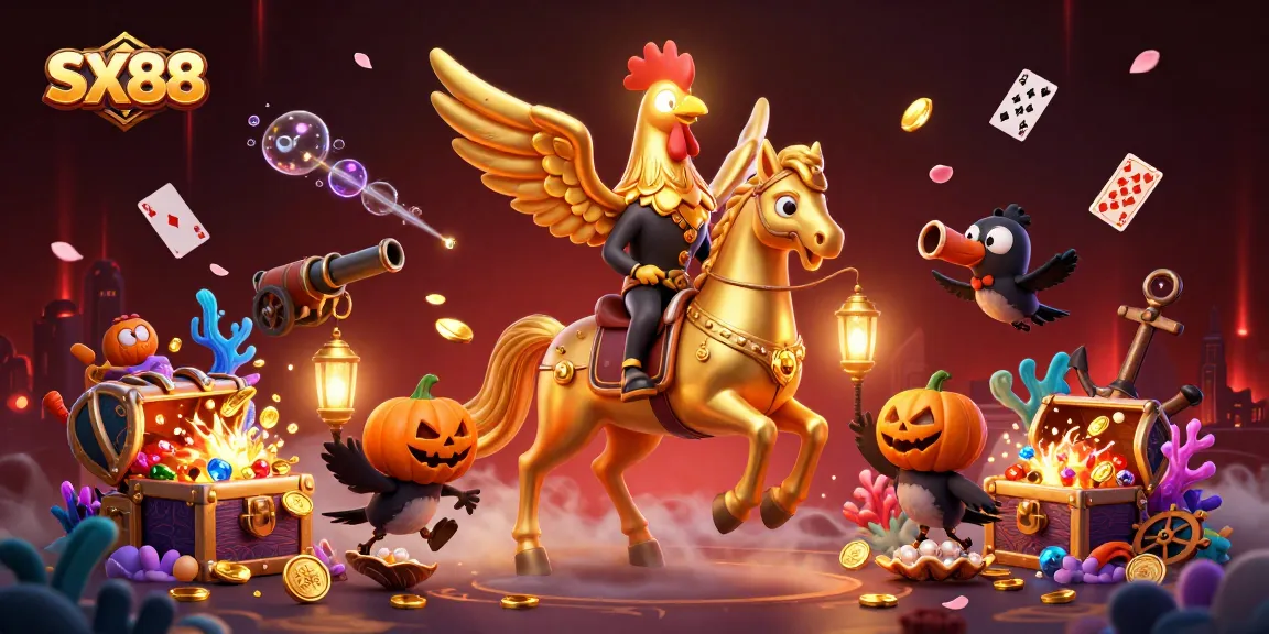 SX88 golden rooster headless horseman rides in a lively midnight casino scene, surrounded by treasure.