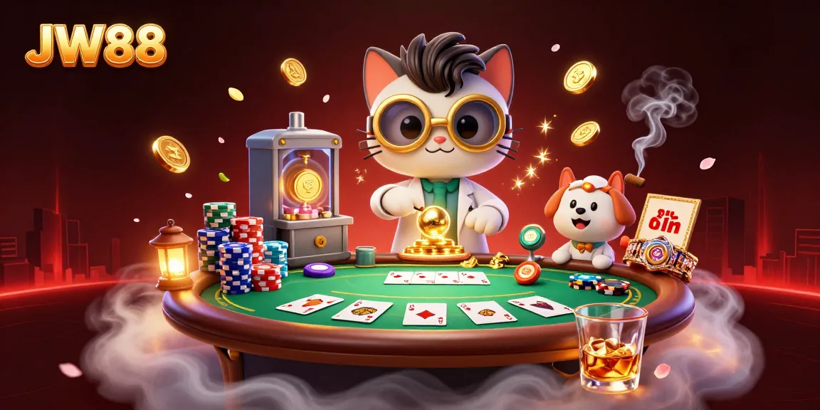 JW88’s mad scientist cat and lab assistant dog create exciting gaming experience with poker elements.