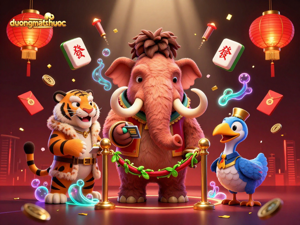Spin the reels and win with duongmatchuoc in this vibrant casino scene featuring exciting characters and decorations.