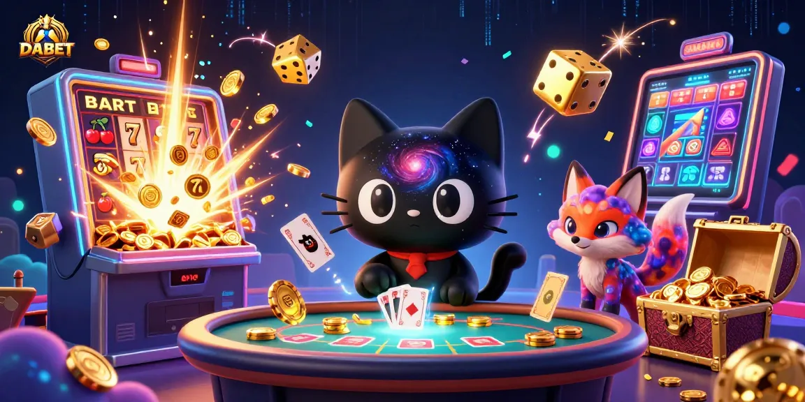 DABET showcases an energetic cosmic casino scene with vibrant characters and gambling elements.