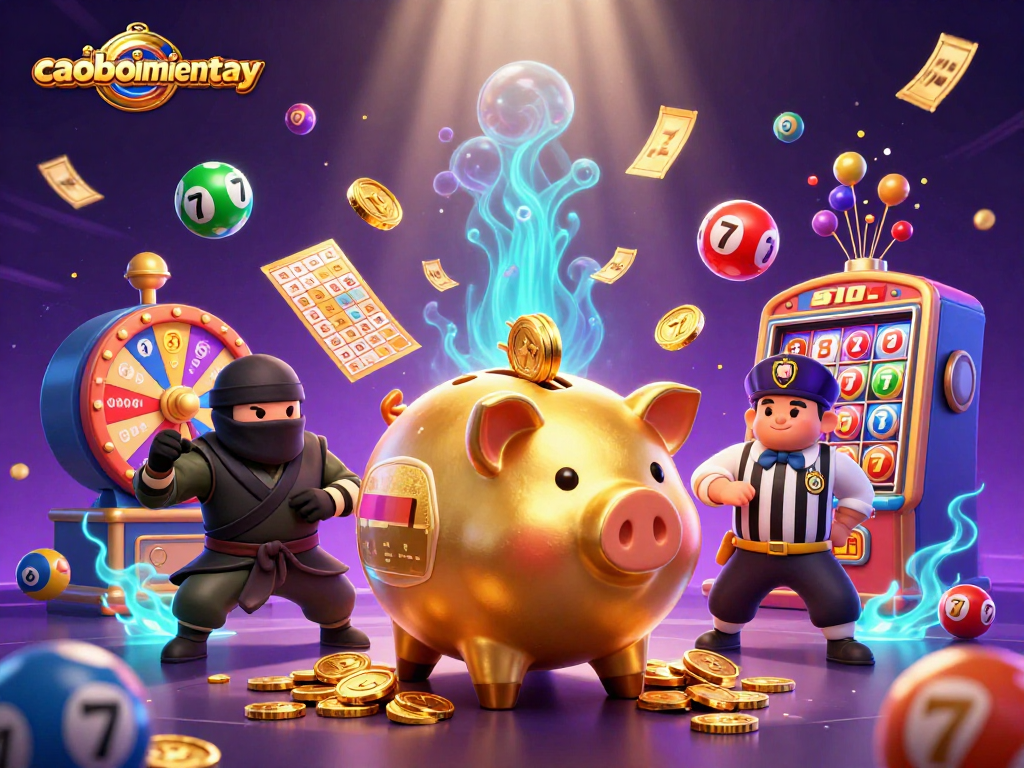 Engage with caoboimientay's exciting casino scene featuring a golden piggy bank sumo wrestler amidst dynamic gaming elements.