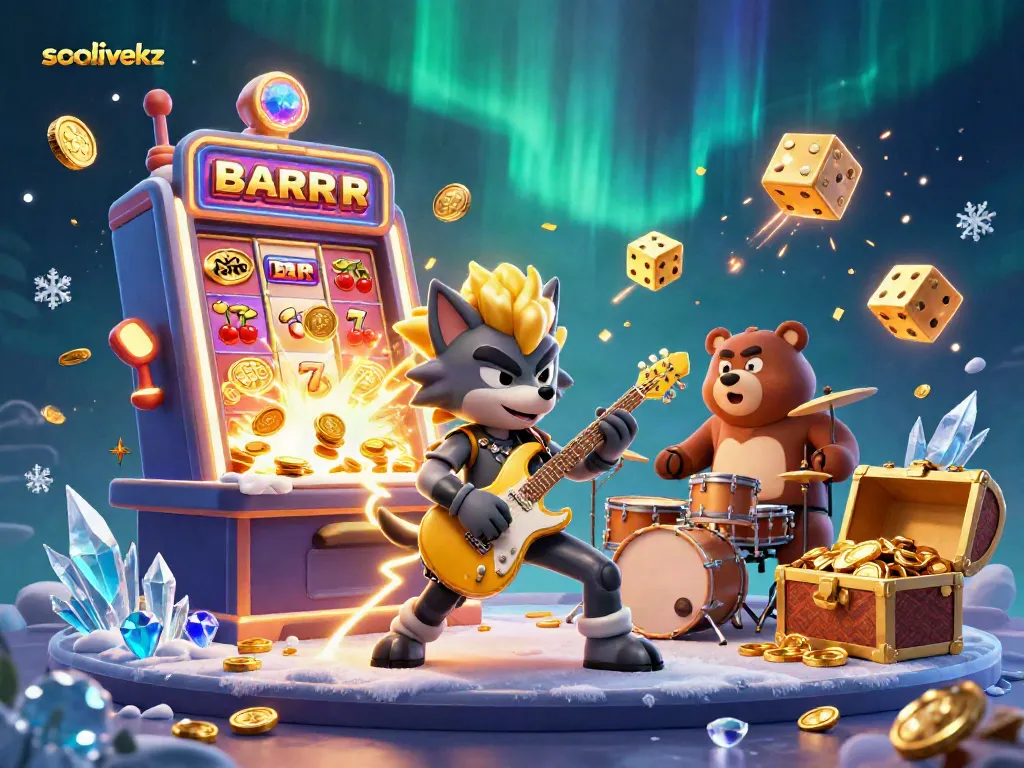 Socolivekz captures a thrilling scene with a wolf rock star and drummer bear on a lively casino stage, packed with vibrant symbols and game elements.