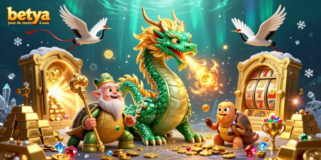 Enjoy betya jeux de machines à sous in a vibrant, dynamic 3D casino scene featuring a jade dragon, turtle sage, and lucky cranes.