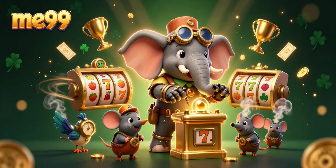 Spin to win at me99 with a vibrant 3D scene of a steampunk elephant operating a golden slot machine.