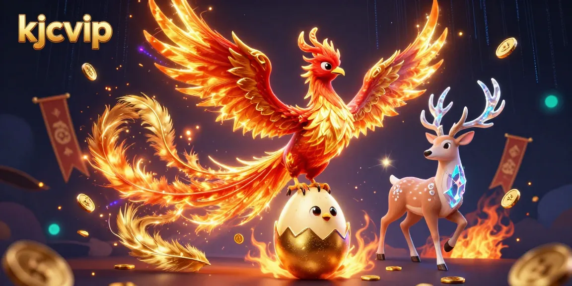 Engage in thrilling games at kjcvip with a dynamic scene featuring a phoenix and mystical stag amidst vibrant casino elements.