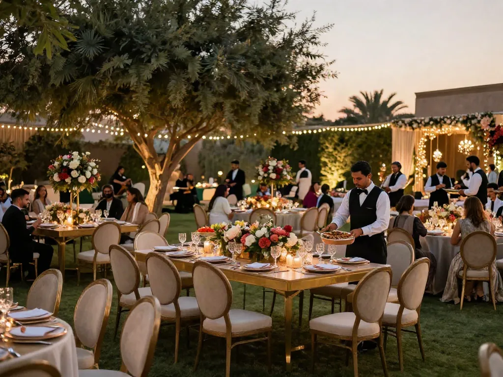 Event furniture rental set up for an elegant outdoor wedding reception in Saudi Arabia, featuring stylish decor and inviting atmosphere.