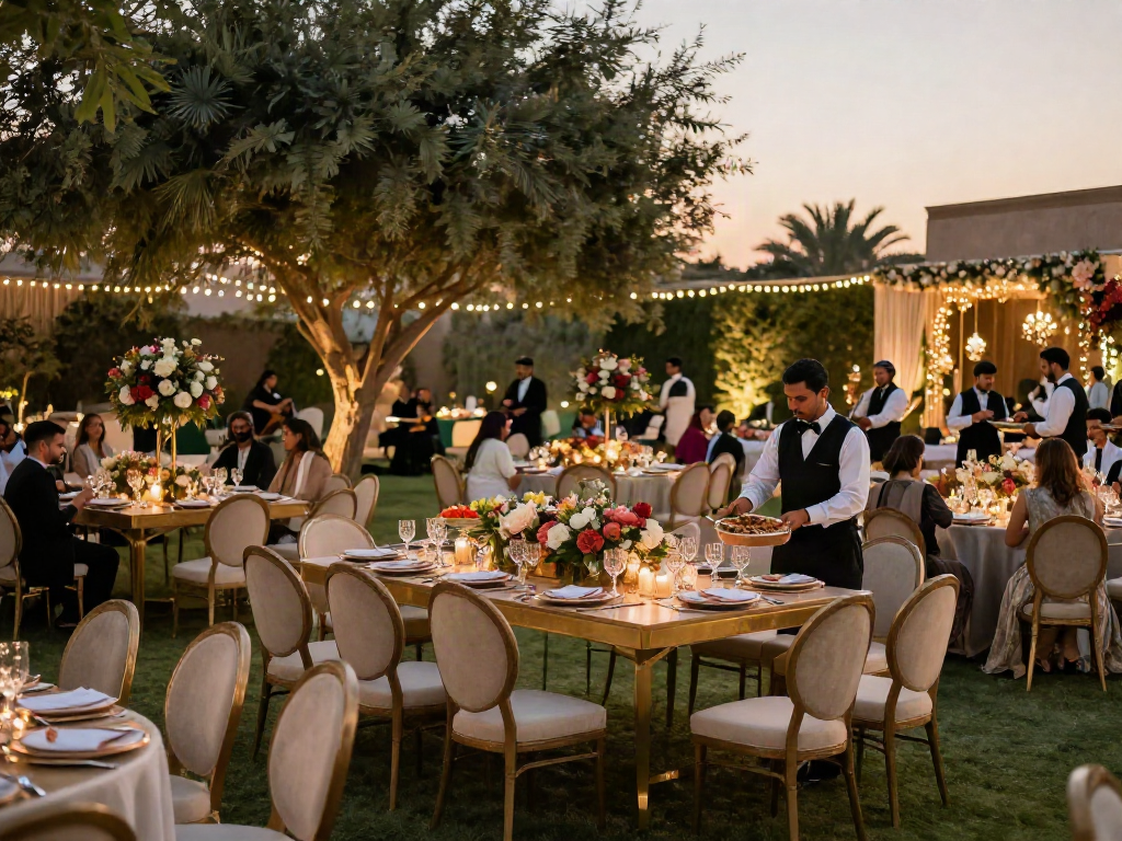 Event furniture rental set up for an elegant outdoor wedding reception in Saudi Arabia, featuring stylish decor and inviting atmosphere.