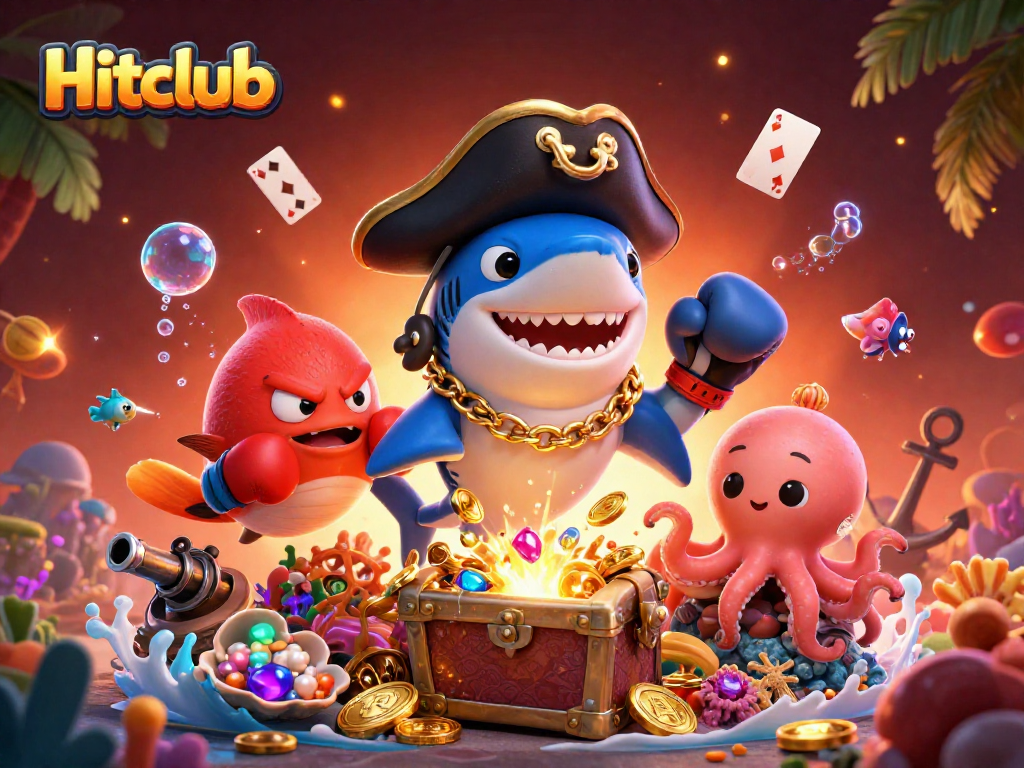 Hitclub showcases a cartoon pirate shark and friends winning treasure amid thrilling casino gaming elements.