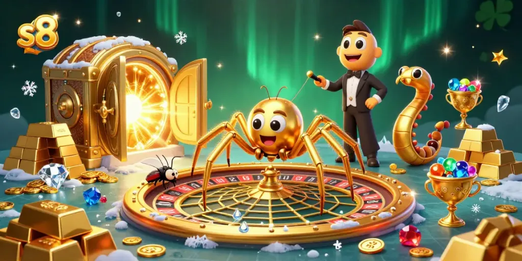 Engaging scene featuring S8 logo as players spin roulette with golden spider and centipede croupier.