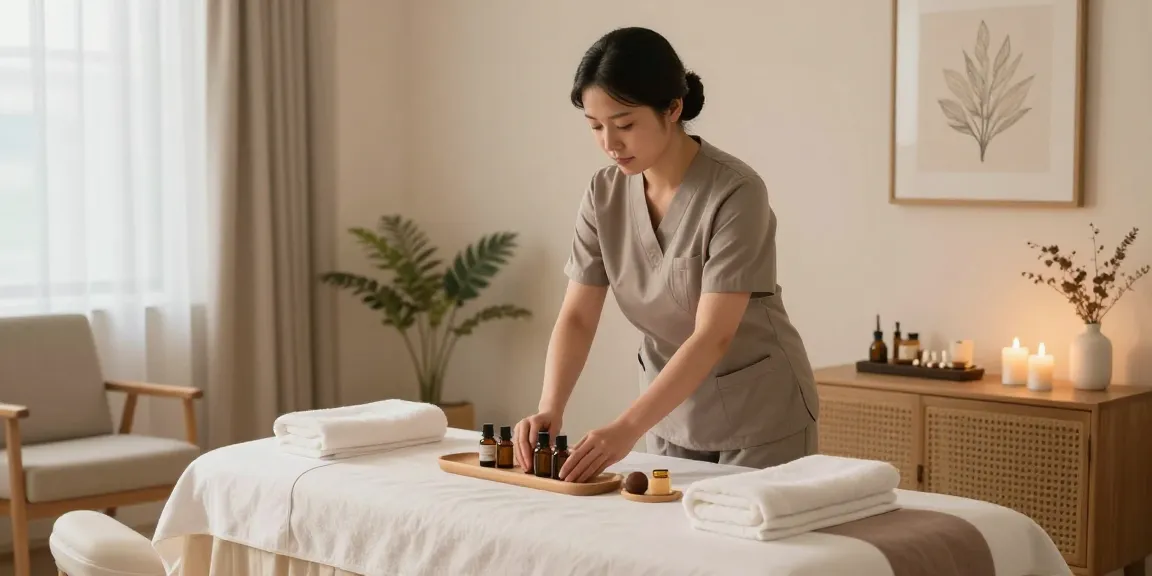 송파출장마사지 service preparation in a calming home environment with a therapist and massage setup.