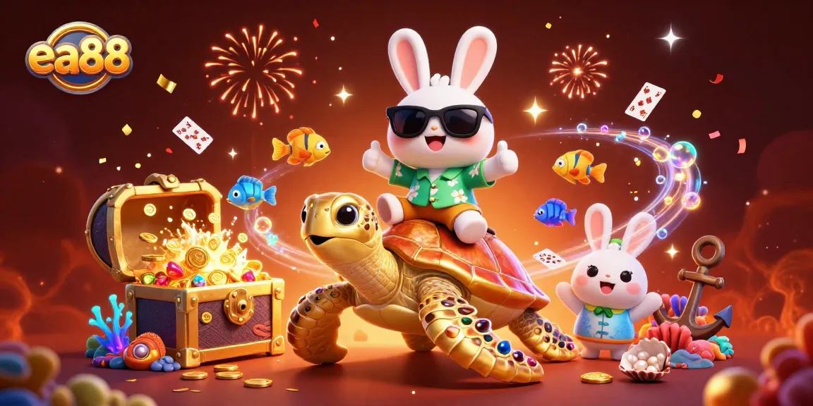 Celebrate winnings with EA88's lucky rabbit and turtle in vibrant casino adventure!