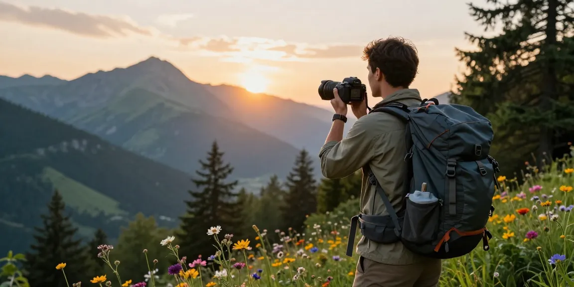 Traveler at sunset viewpoint with NAGA2000 gear, capturing breathtaking landscape